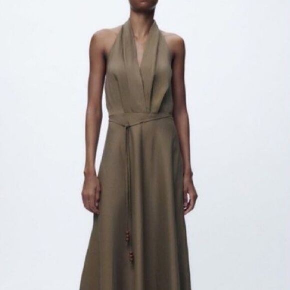 ZARA LINEN BLEND KHAKI HALTER NECK MIDI DRESS blogger’s favorite size large - Picture 9 of 16